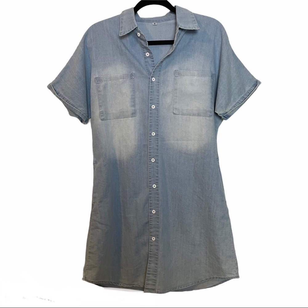 Denim Look Cotton Blend Button Down Dress/ Tunic Top